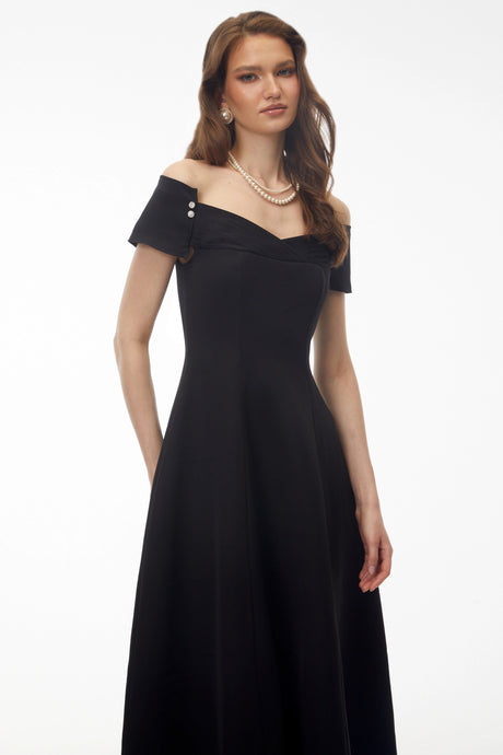 Cherish Midi Dress Black Off Shoulder Fitted
