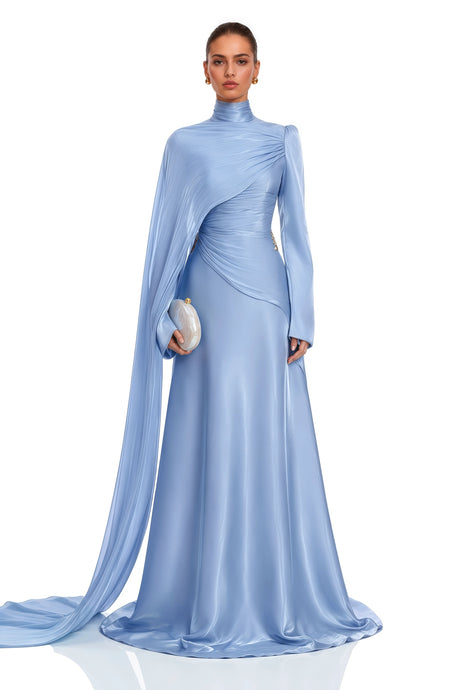 Greta Maxi Dress Blue Ruched with Cape