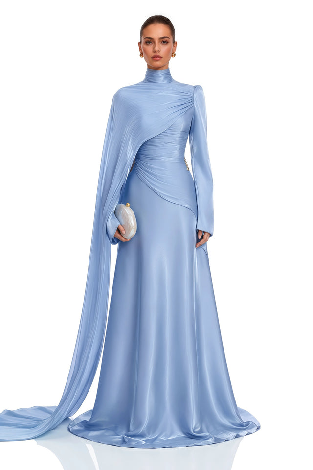 Genevieve Blue Ruched Maxi Dress with Cape