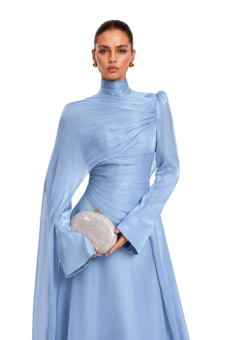 Greta Maxi Dress Blue Ruched with Cape