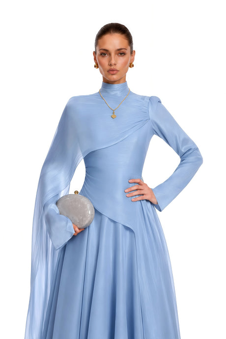 Greta Maxi Dress Blue Ruched with Cape