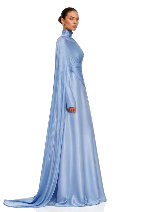 Greta Maxi Dress Blue Ruched with Cape