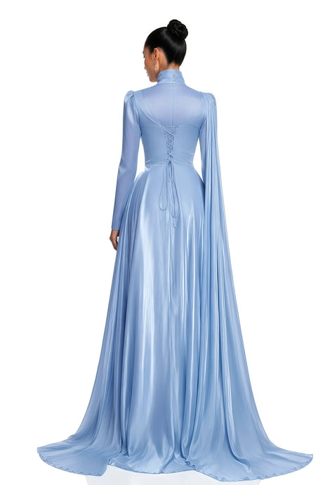 Greta Maxi Dress Blue Ruched with Cape
