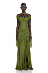 Geneviève Green Off Shoulder Ruched Maxi Dress