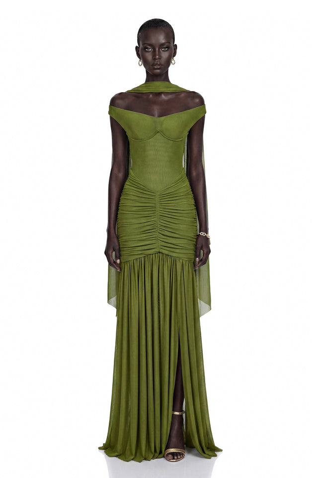 Geneviève Green Off Shoulder Ruched Maxi Dress