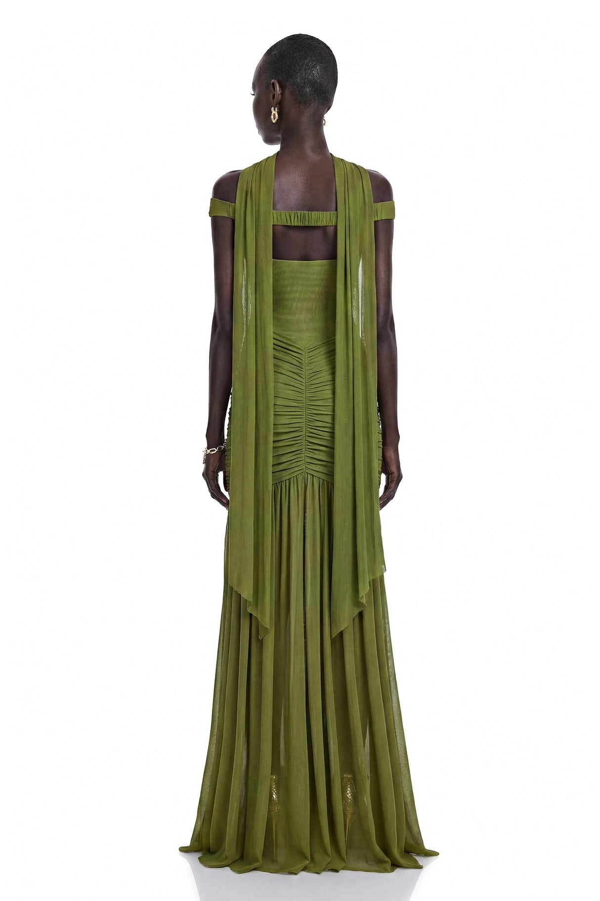 Geneviève Green Off Shoulder Ruched Maxi Dress
