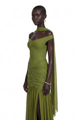 Geneviève Green Off Shoulder Ruched Maxi Dress