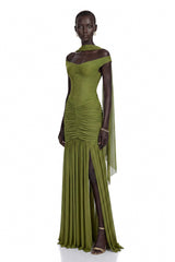 Geneviève Green Off Shoulder Ruched Maxi Dress