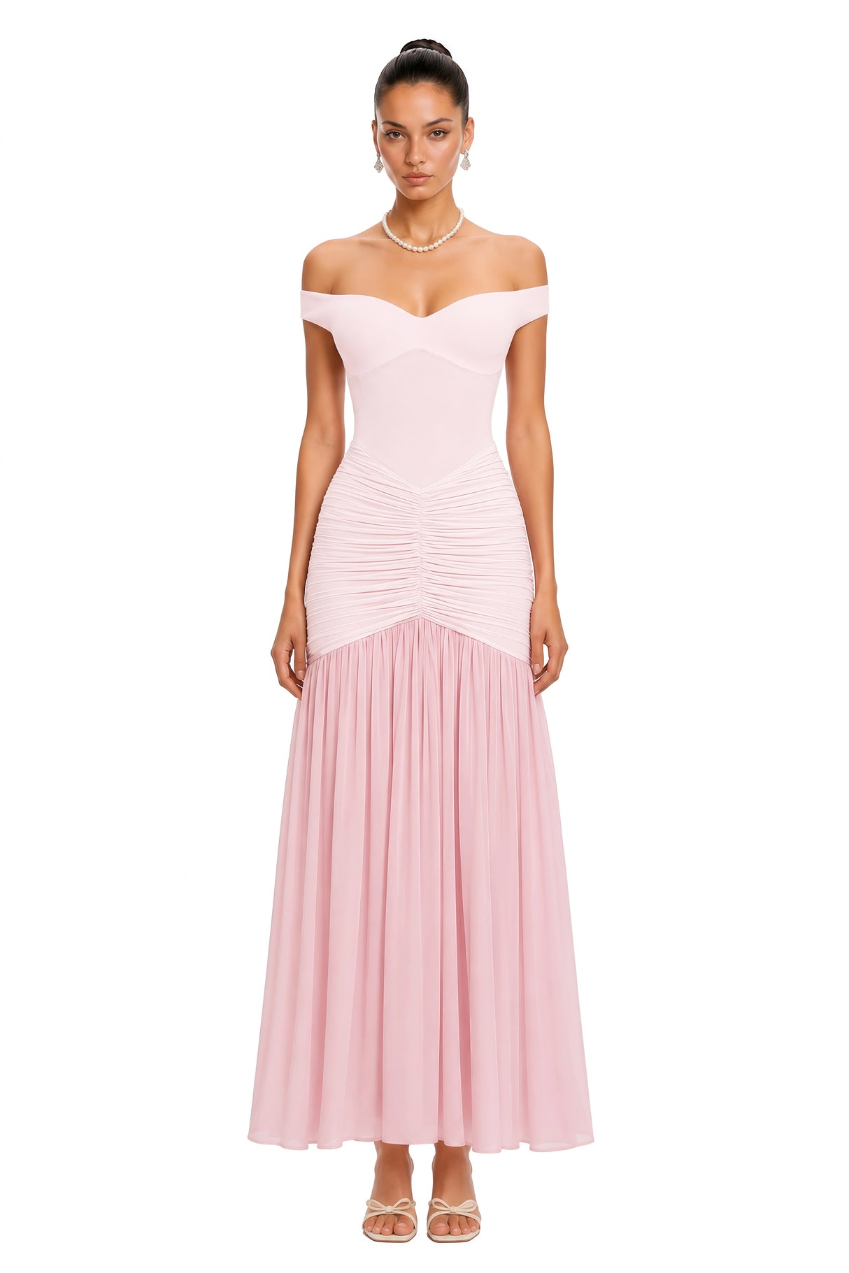Geneviève Pink Off Shoulder Ruched Maxi Dress