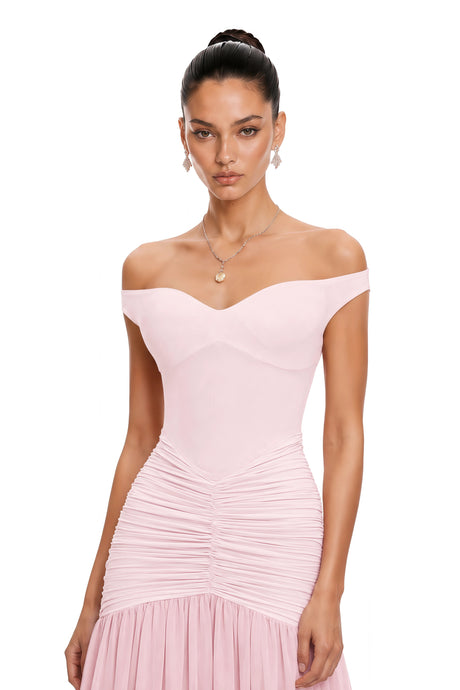 Daria Maxi Dress Pink Off Shoulder Ruched