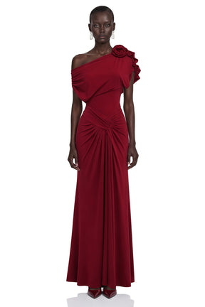 Genevieve Red One Shoulder Ruched Maxi Dress