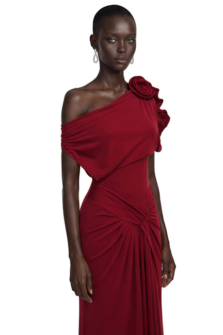 Everleigh Maxi Dress Red One Shoulder Ruched