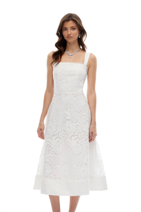 Winter Midi Dress White Floral Embroidered Lace