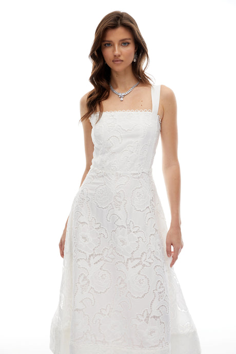 Winter Midi Dress White Floral Embroidered Lace