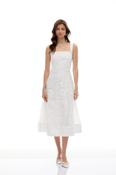 Winter Midi Dress White Floral Embroidered Lace