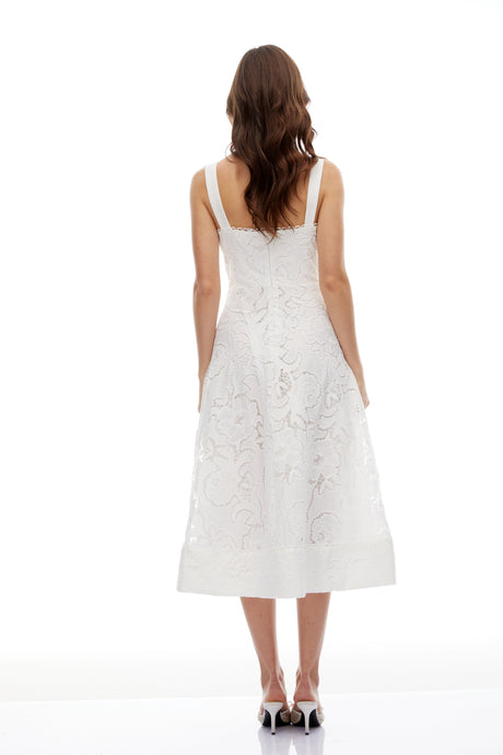 Winter Midi Dress White Floral Embroidered Lace