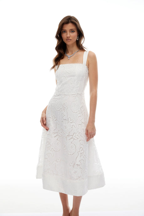 Winter Midi Dress White Floral Embroidered Lace