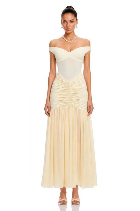 Johanna Maxi Dress Yellow Off Shoulder Ruched