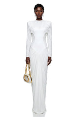 Genevra White Crystal Embellished Ruched Maxi Dress