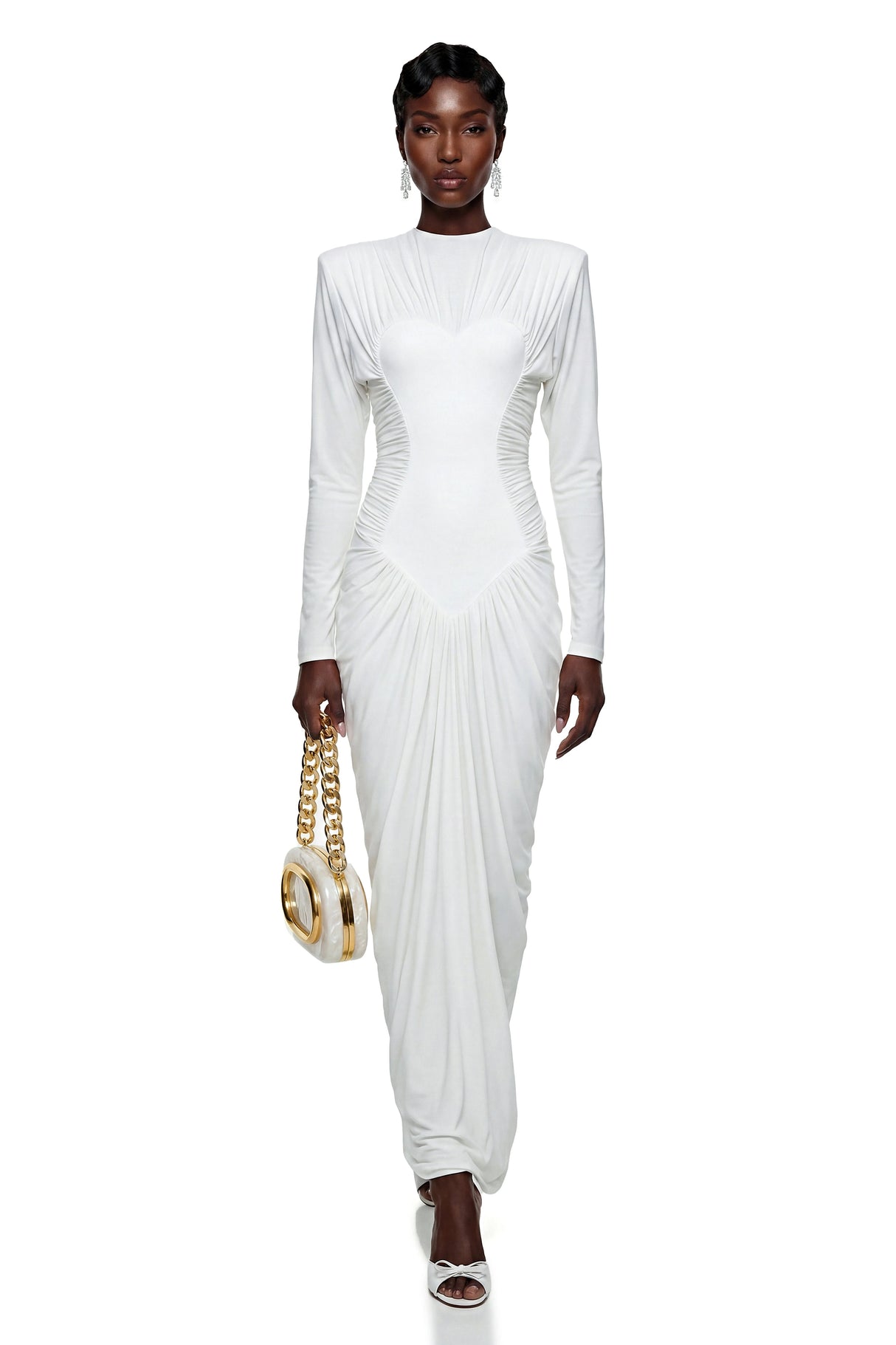 Genevra White Crystal Embellished Ruched Maxi Dress