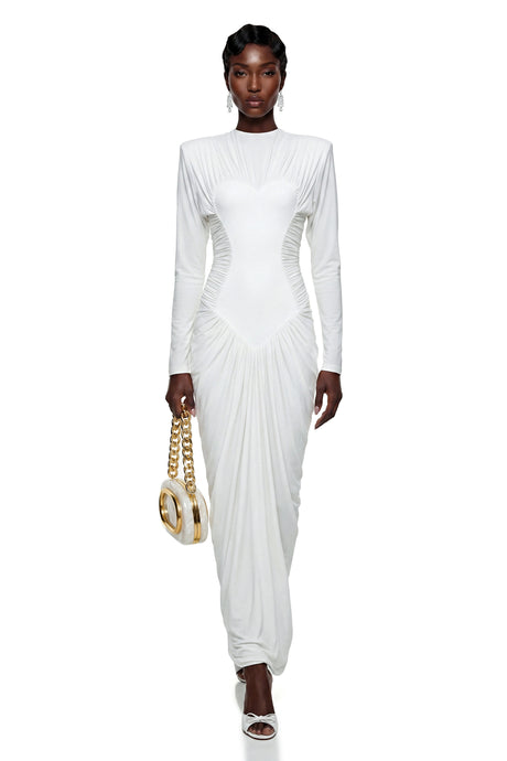 Natasha Maxi Dress White Crystal Embellished Ruched
