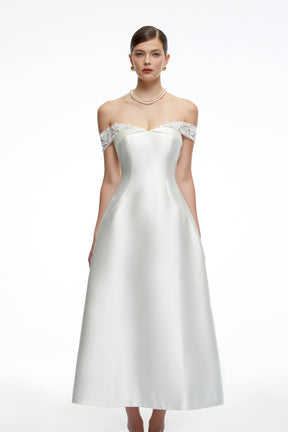 Genevra White Off Shoulder ALine Midi Dress with Lace Trim
