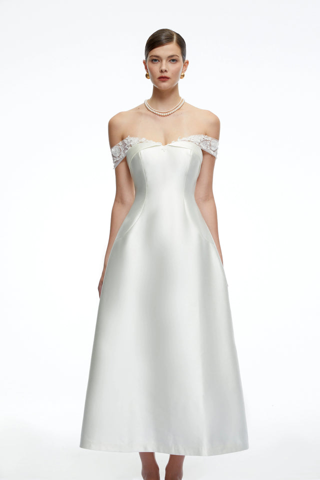 Genevra White Off Shoulder ALine Midi Dress with Lace Trim