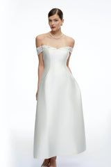 Genevra White Off Shoulder ALine Midi Dress with Lace Trim