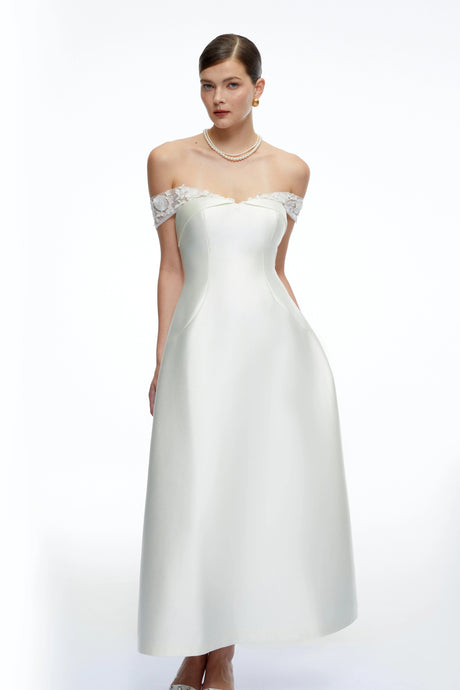 Alexis Midi Dress White Off Shoulder A-Line with Lace Trim