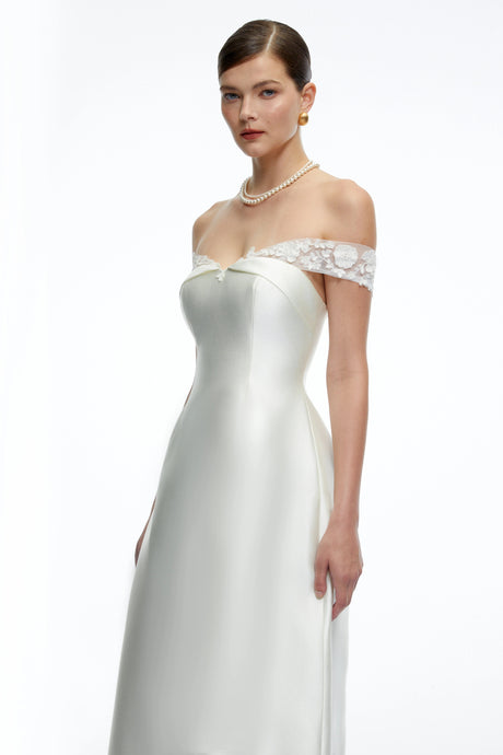 Alexis Midi Dress White Off Shoulder A-Line with Lace Trim