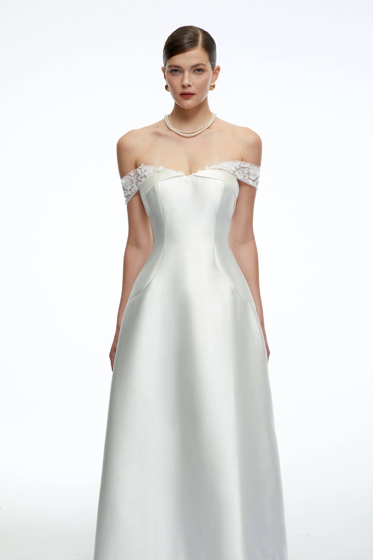 Genevra White Off Shoulder ALine Midi Dress with Lace Trim