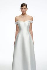 Genevra White Off Shoulder ALine Midi Dress with Lace Trim