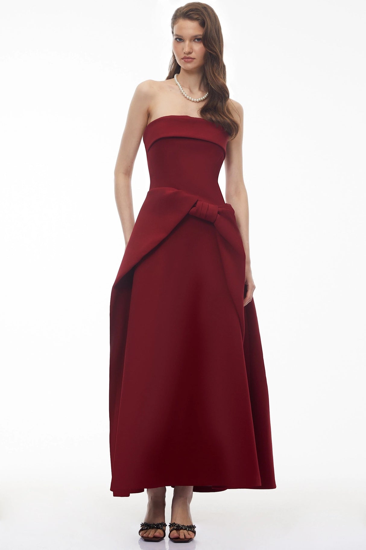 Genoveva Burgundy Off Shoulder Maxi Dress with Bow