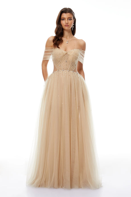 Silvestra Neutral Embellished Tulle Maxi Gown