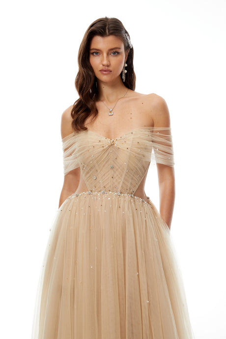 Silvestra Neutral Embellished Tulle Maxi Gown