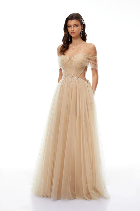 Silvestra Neutral Embellished Tulle Maxi Gown
