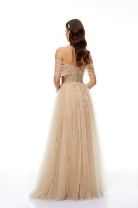 Silvestra Neutral Embellished Tulle Maxi Gown