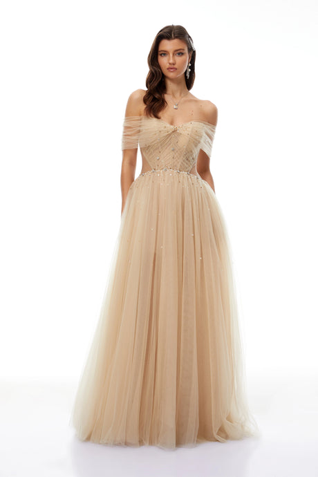 Silvestra Neutral Embellished Tulle Maxi Gown