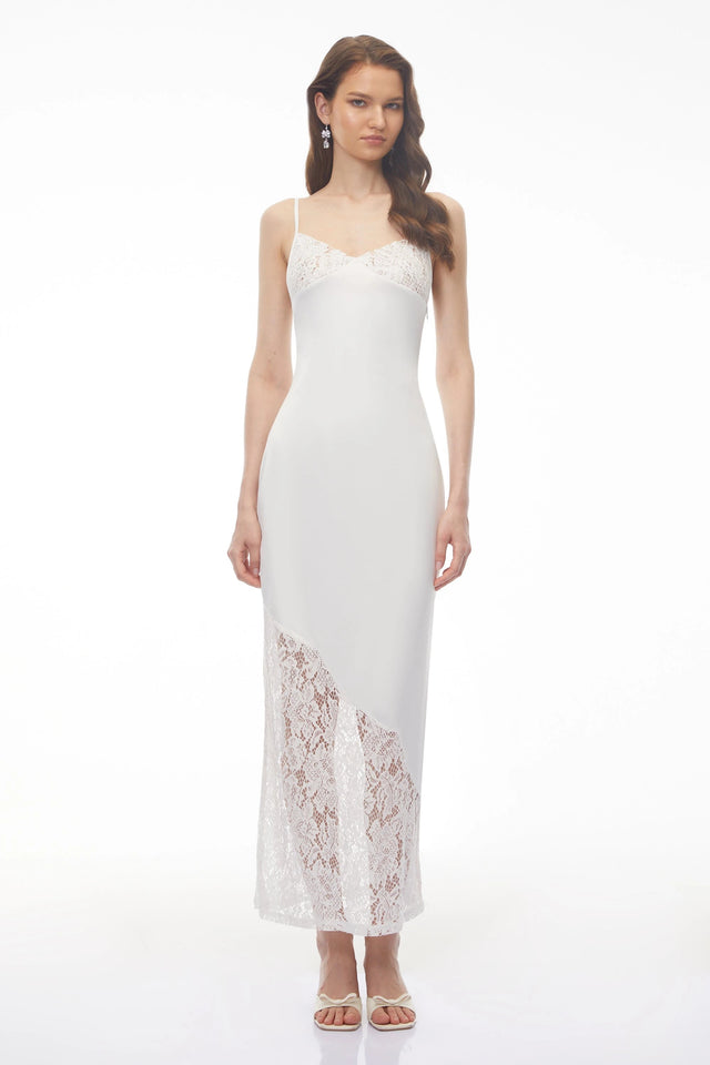 Georgia White Vneck Floral Lace Satin Panelled Maxi Dress
