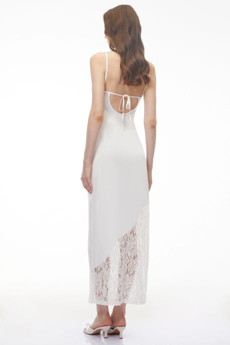 Faith Maxi Dress White V-neck Floral Lace Satin Panelled