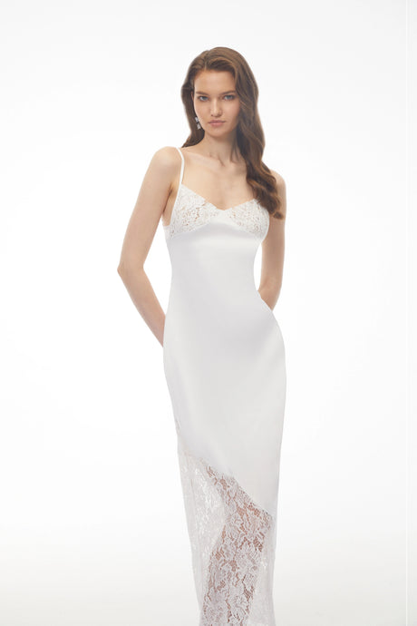 Faith Maxi Dress White V-neck Floral Lace Satin Panelled