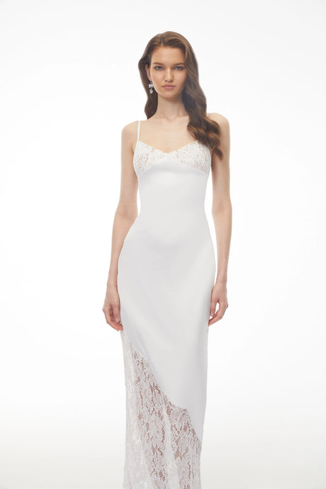 Faith Maxi Dress White V-neck Floral Lace Satin Panelled