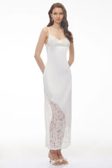 Georgia White Vneck Floral Lace Satin Panelled Maxi Dress