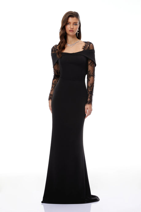 Egle Black Lace Panel Flared Maxi Gown