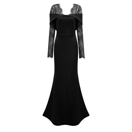 Egle Black Lace Panel Flared Maxi Gown