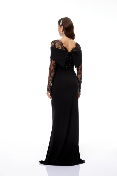 Egle Black Lace Panel Flared Maxi Gown