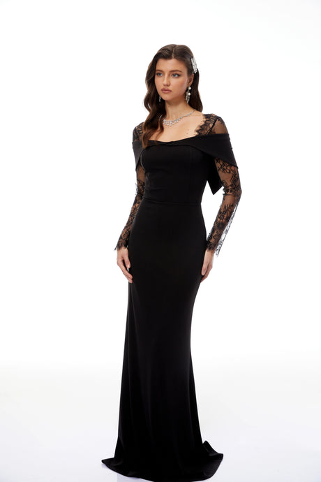 Egle Black Lace Panel Flared Maxi Gown