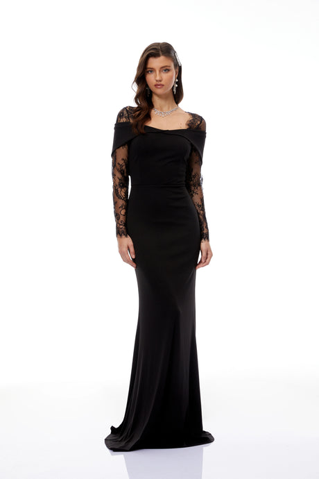 Egle Black Lace Panel Flared Maxi Gown
