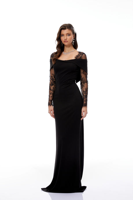 Egle Black Lace Panel Flared Maxi Gown