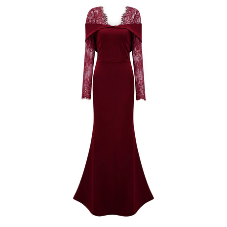 Caitlyn Burgundy Lace Panel Flared Maxi Gown